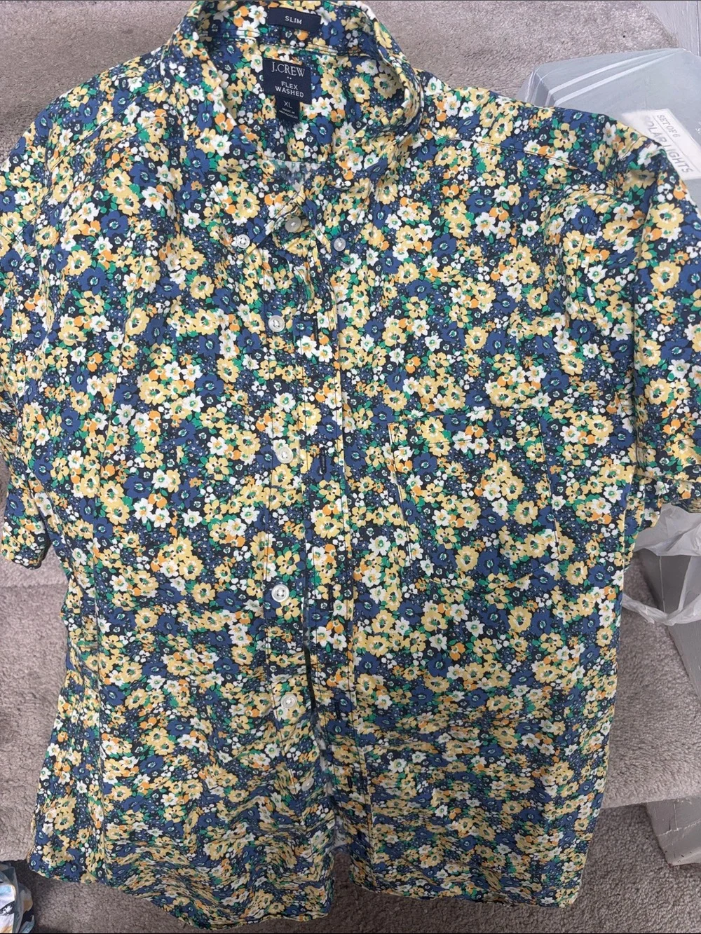 J.Crew Men’s Floral Short-Sleeve Button-Up Shirt — Navy & Yellow